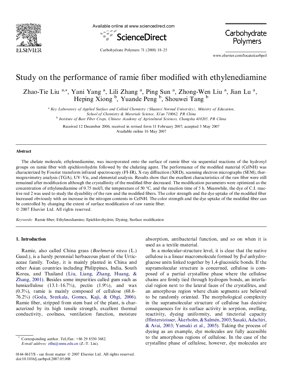 Study on the performance of ramie fiber modified with ethylenediamine