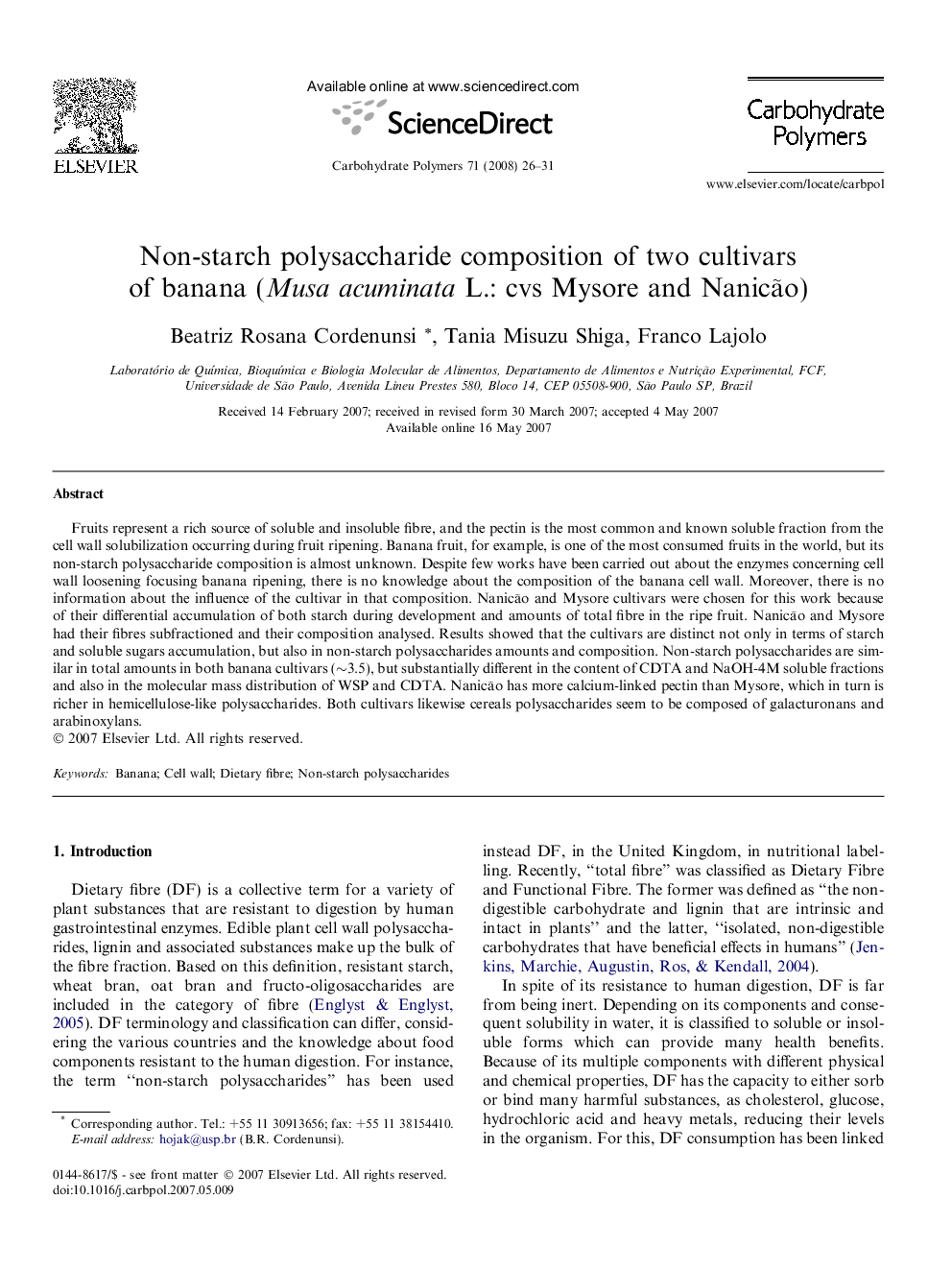 Non-starch polysaccharide composition of two cultivars of banana (Musa acuminata L.: cvs Mysore and Nanicão)