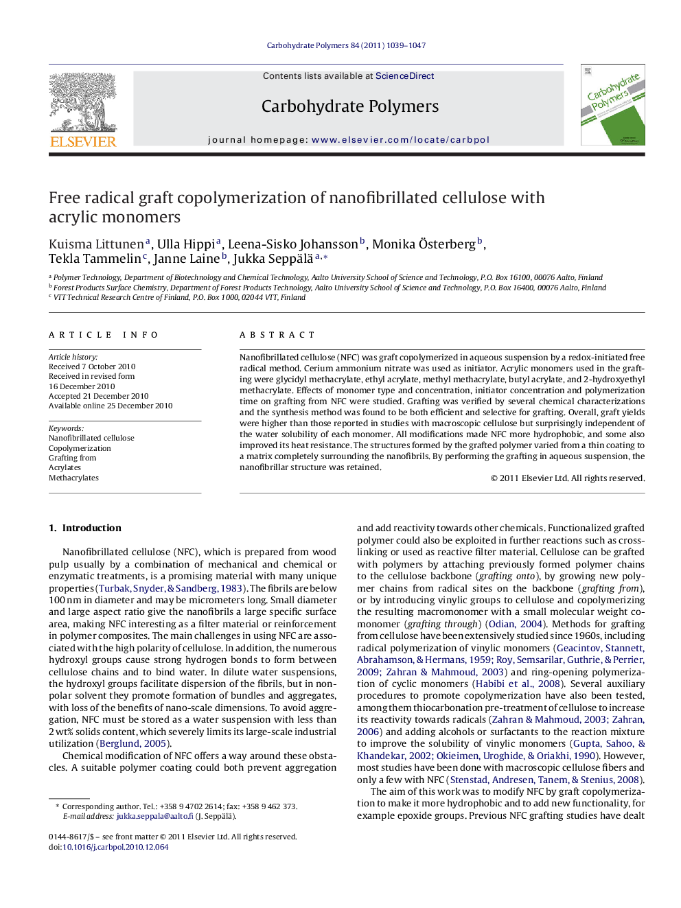 Free radical graft copolymerization of nanofibrillated cellulose with acrylic monomers