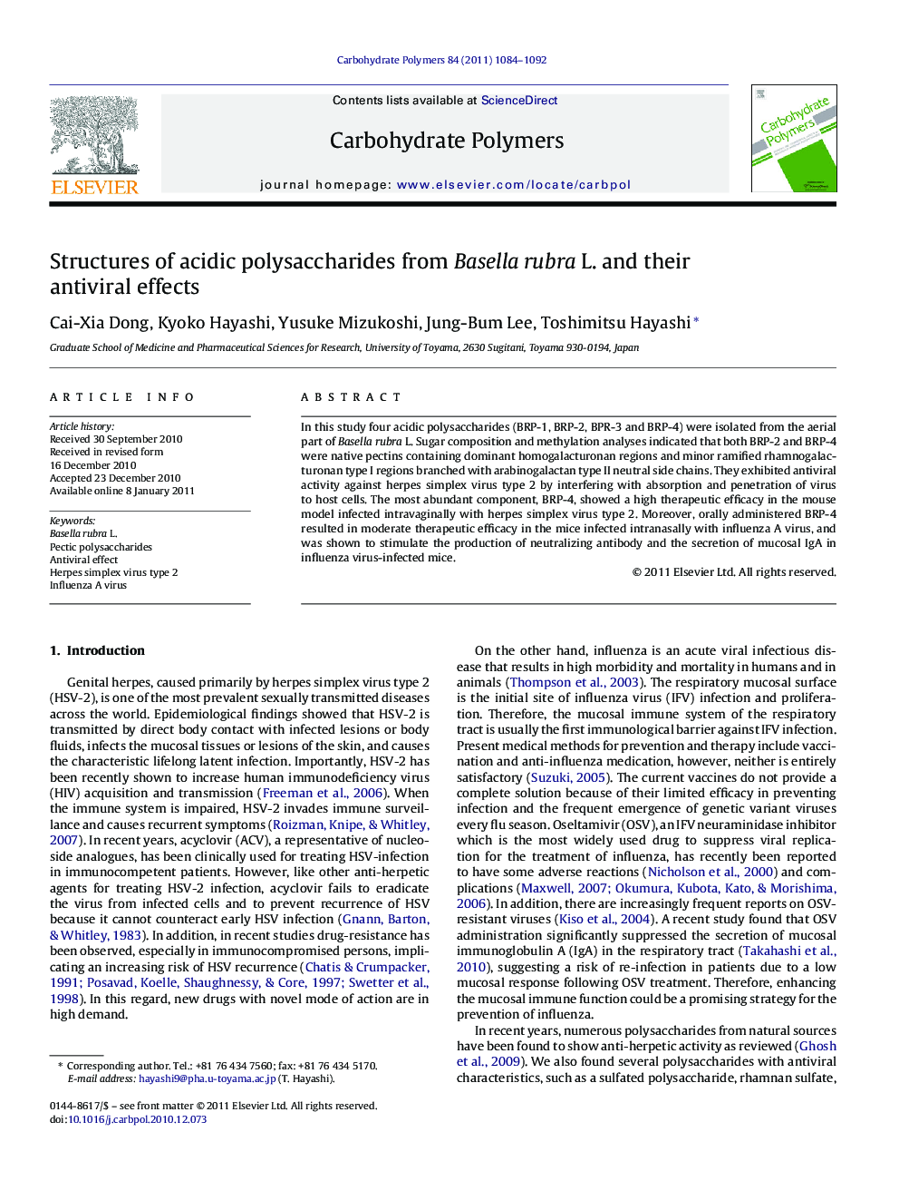 Structures of acidic polysaccharides from Basella rubra L. and their antiviral effects