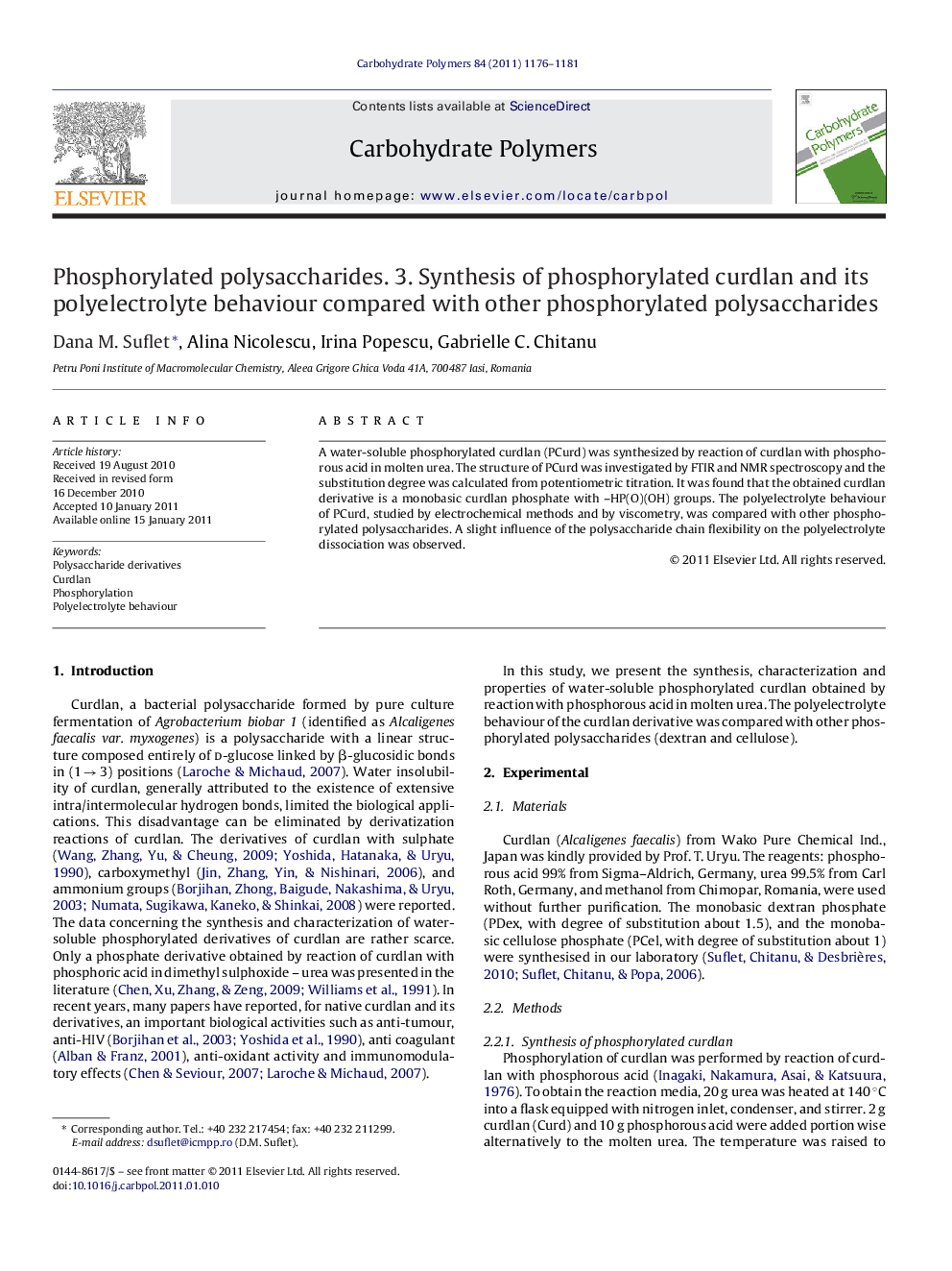 Phosphorylated polysaccharides. 3. Synthesis of phosphorylated curdlan and its polyelectrolyte behaviour compared with other phosphorylated polysaccharides