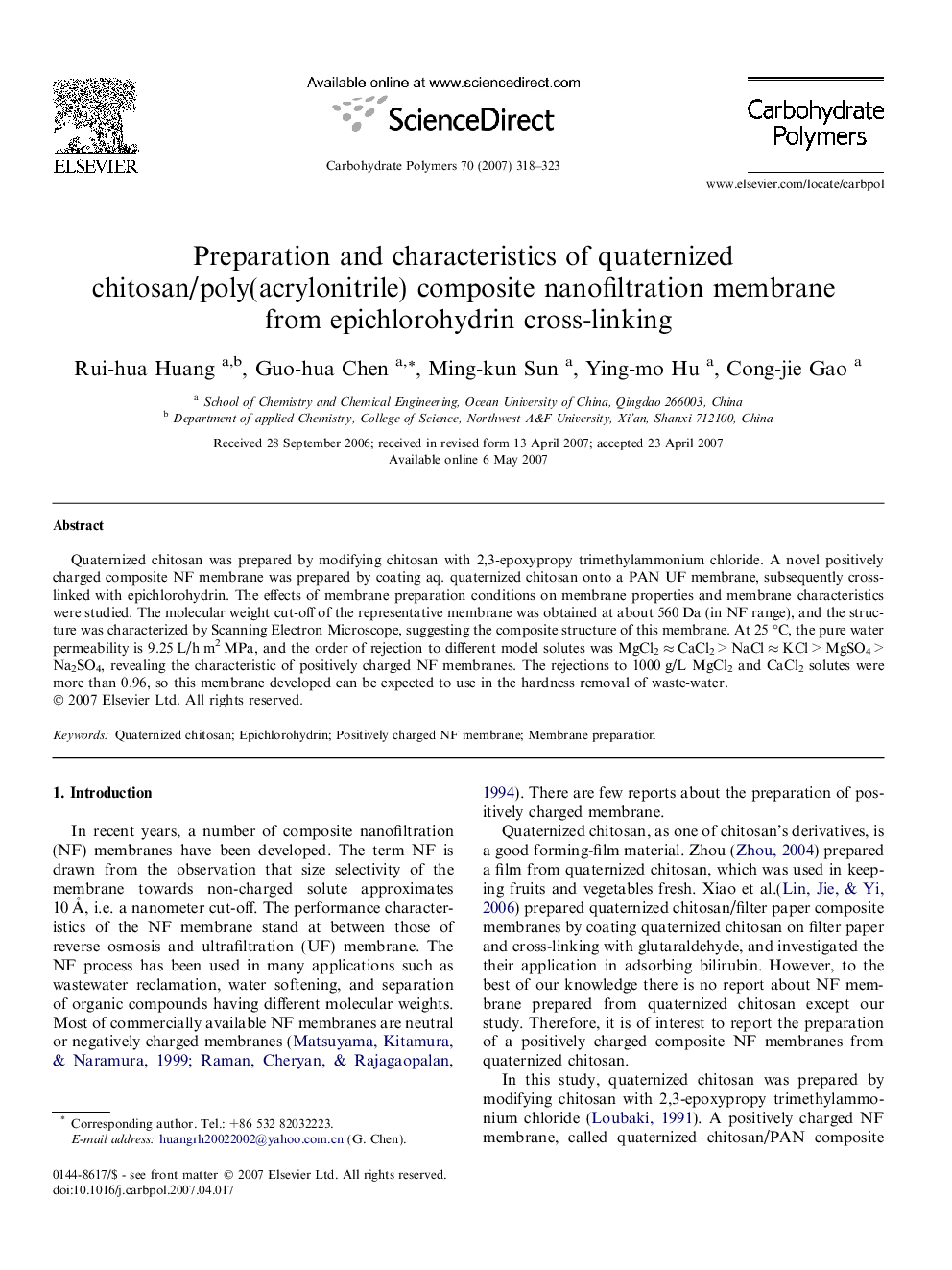 Preparation and characteristics of quaternized chitosan/poly(acrylonitrile) composite nanofiltration membrane from epichlorohydrin cross-linking