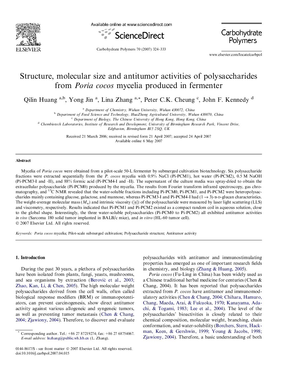 Structure, molecular size and antitumor activities of polysaccharides from Poria cocos mycelia produced in fermenter