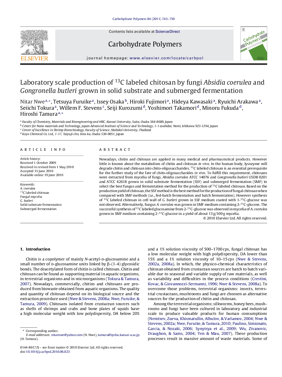 Laboratory scale production of 13C labeled chitosan by fungi Absidia coerulea and Gongronella butleri grown in solid substrate and submerged fermentation