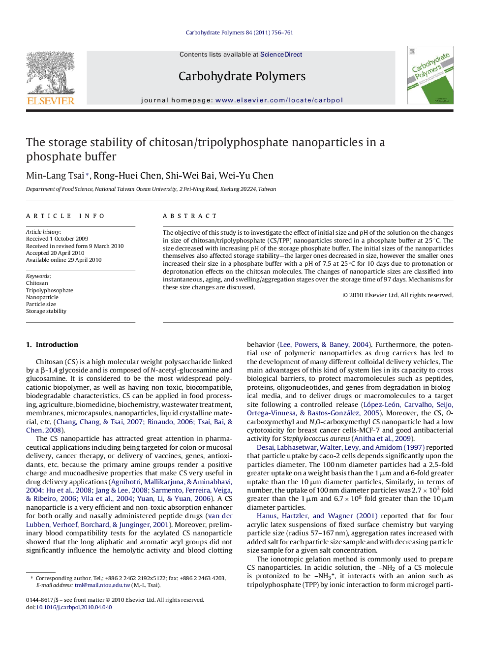 The storage stability of chitosan/tripolyphosphate nanoparticles in a phosphate buffer