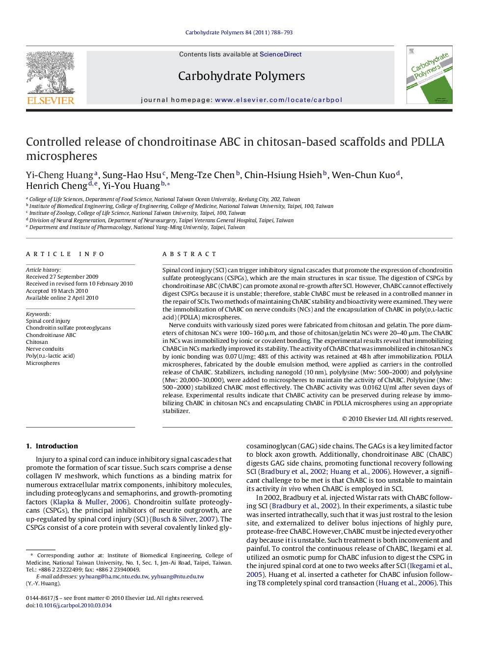 Controlled release of chondroitinase ABC in chitosan-based scaffolds and PDLLA microspheres