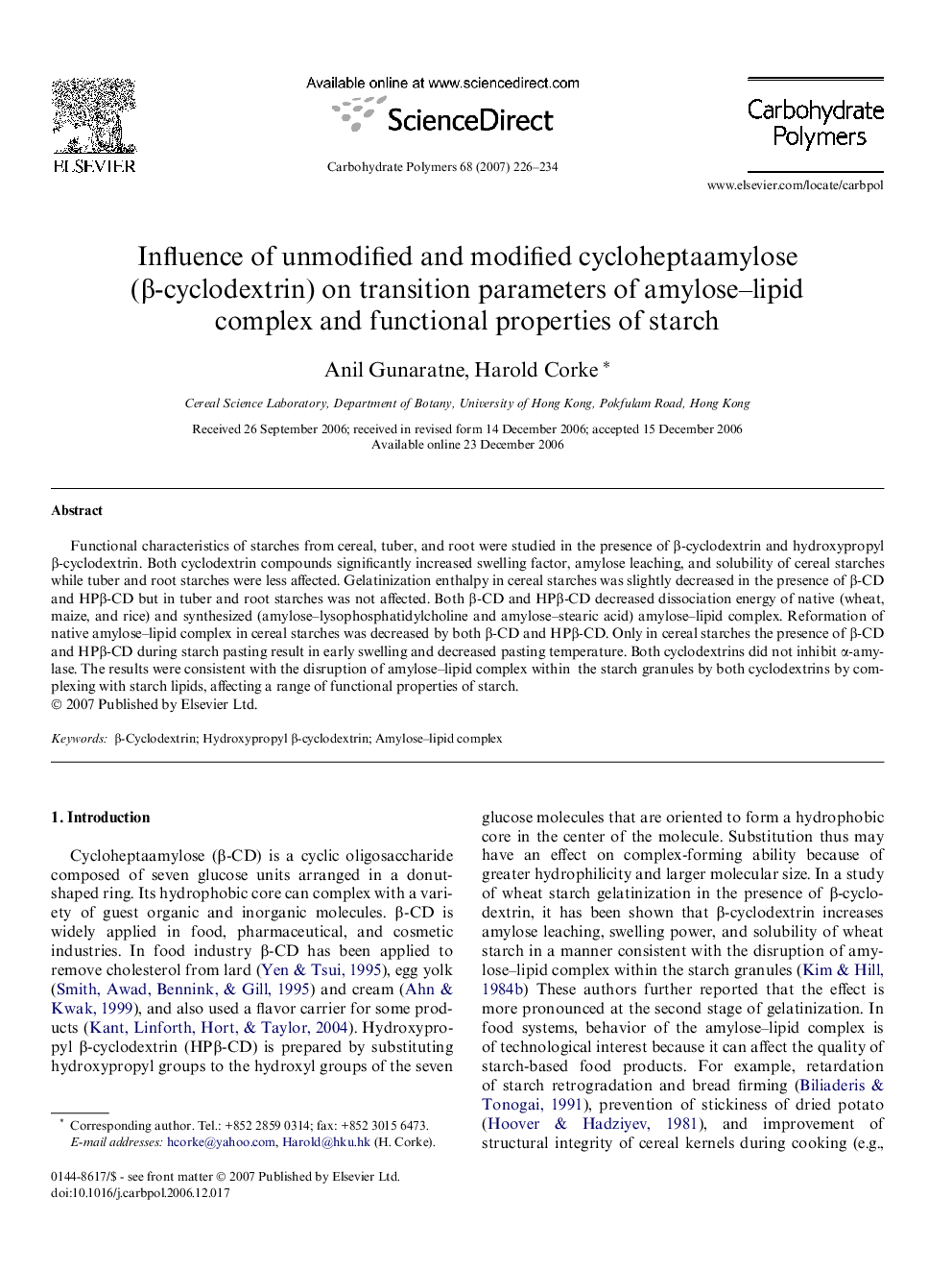 Influence of unmodified and modified cycloheptaamylose (β-cyclodextrin) on transition parameters of amylose–lipid complex and functional properties of starch
