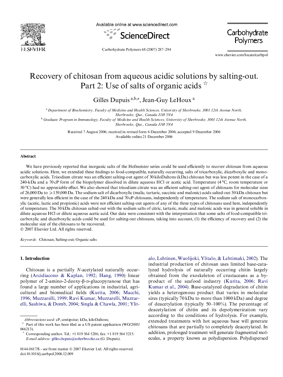 Recovery of chitosan from aqueous acidic solutions by salting-out. Part 2: Use of salts of organic acids 