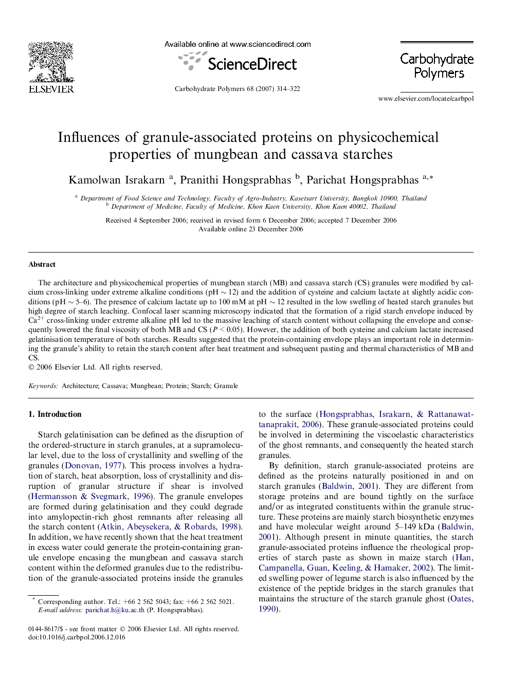 Influences of granule-associated proteins on physicochemical properties of mungbean and cassava starches