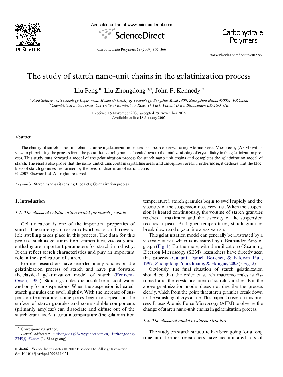 The study of starch nano-unit chains in the gelatinization process