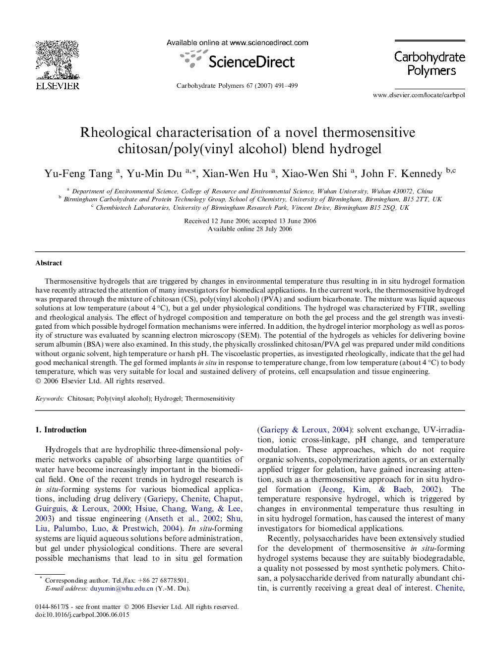 Rheological characterisation of a novel thermosensitive chitosan/poly(vinyl alcohol) blend hydrogel