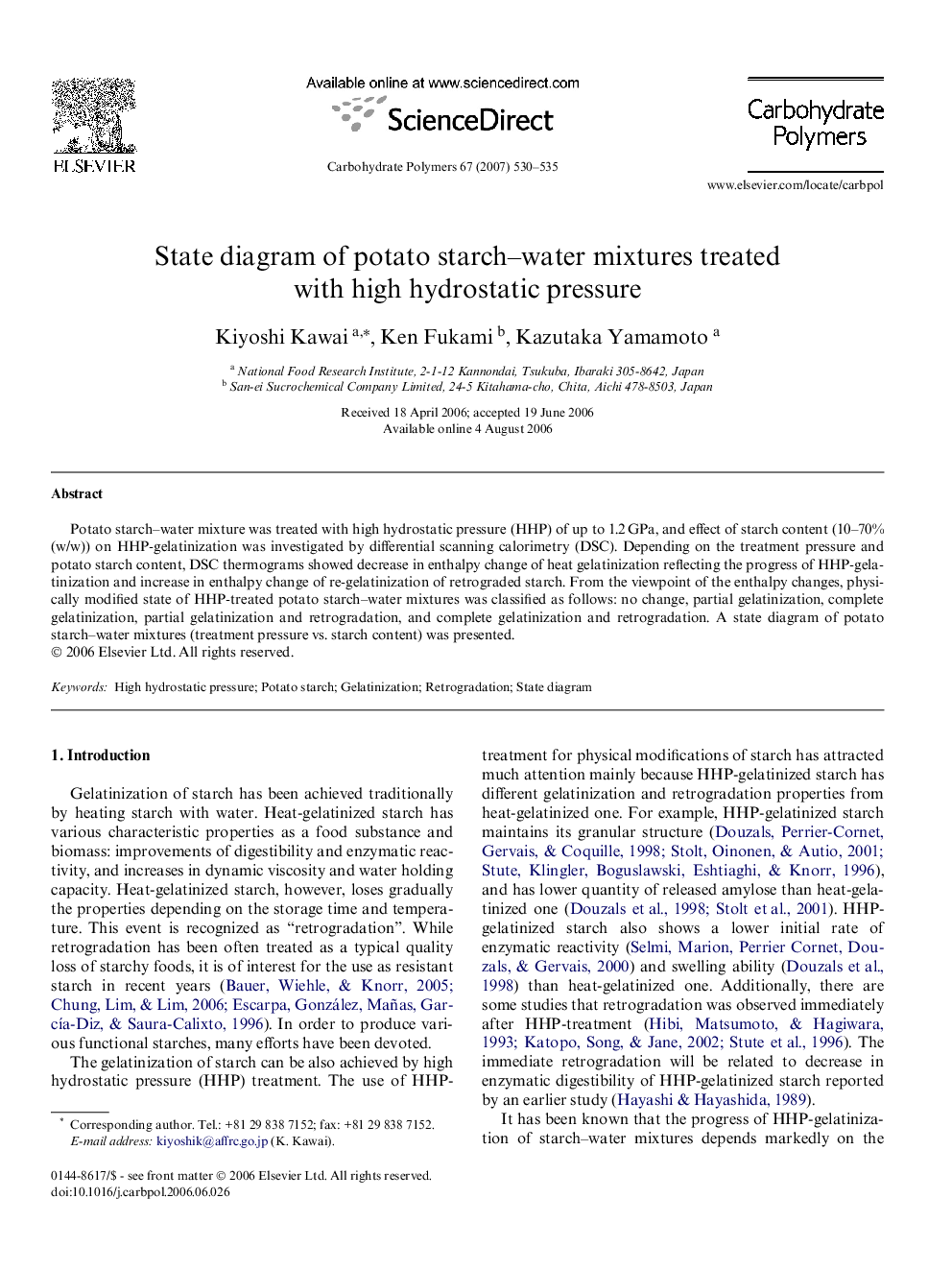 State diagram of potato starch–water mixtures treated with high hydrostatic pressure