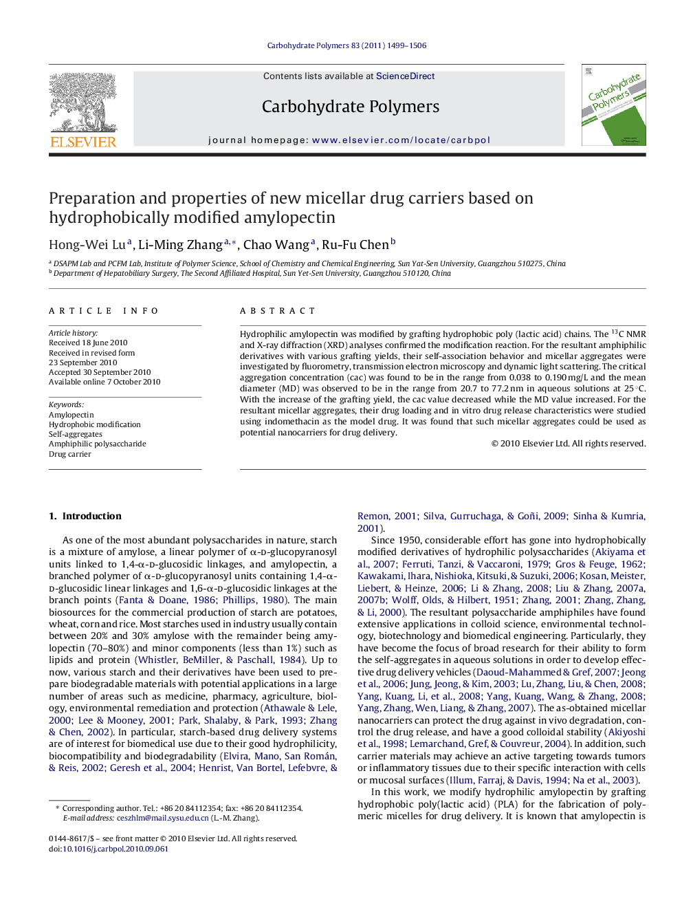 Preparation and properties of new micellar drug carriers based on hydrophobically modified amylopectin