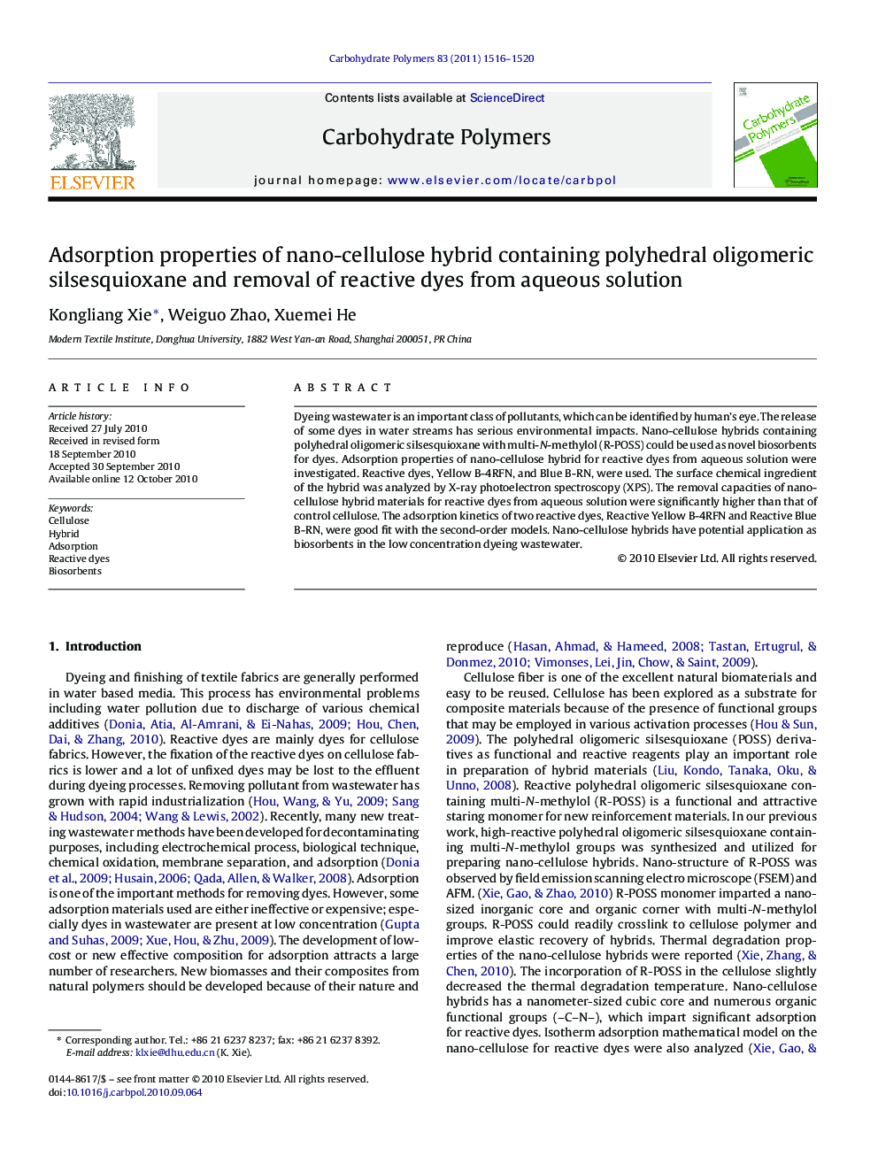 Adsorption properties of nano-cellulose hybrid containing polyhedral oligomeric silsesquioxane and removal of reactive dyes from aqueous solution