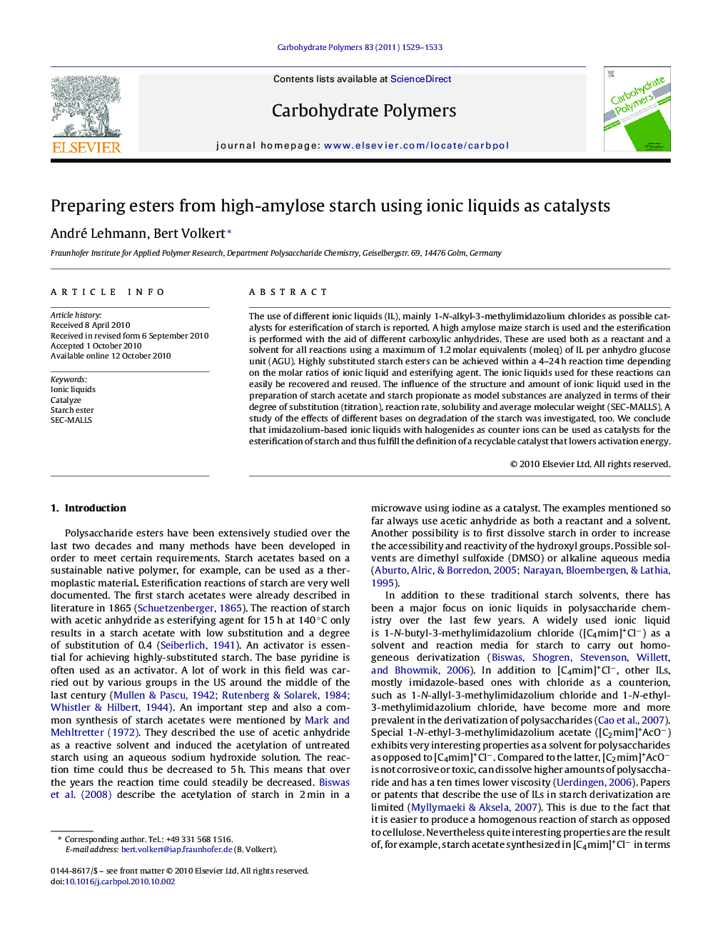 Preparing esters from high-amylose starch using ionic liquids as catalysts