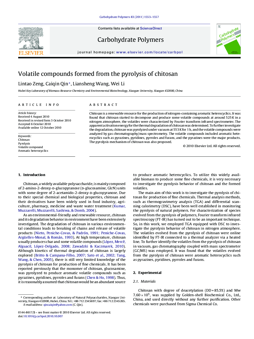 Volatile compounds formed from the pyrolysis of chitosan