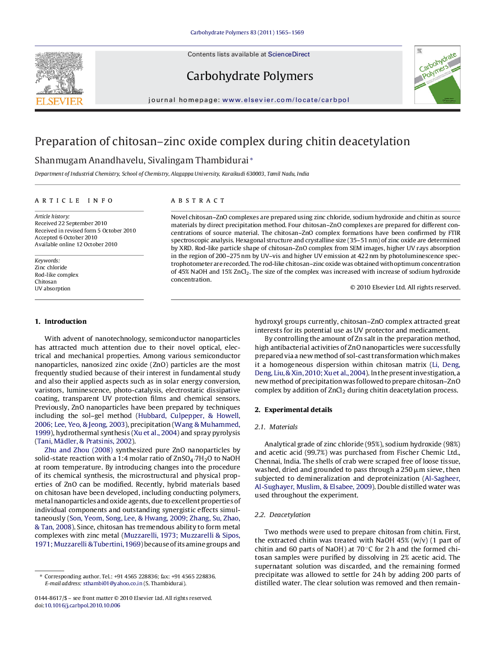 Preparation of chitosan–zinc oxide complex during chitin deacetylation