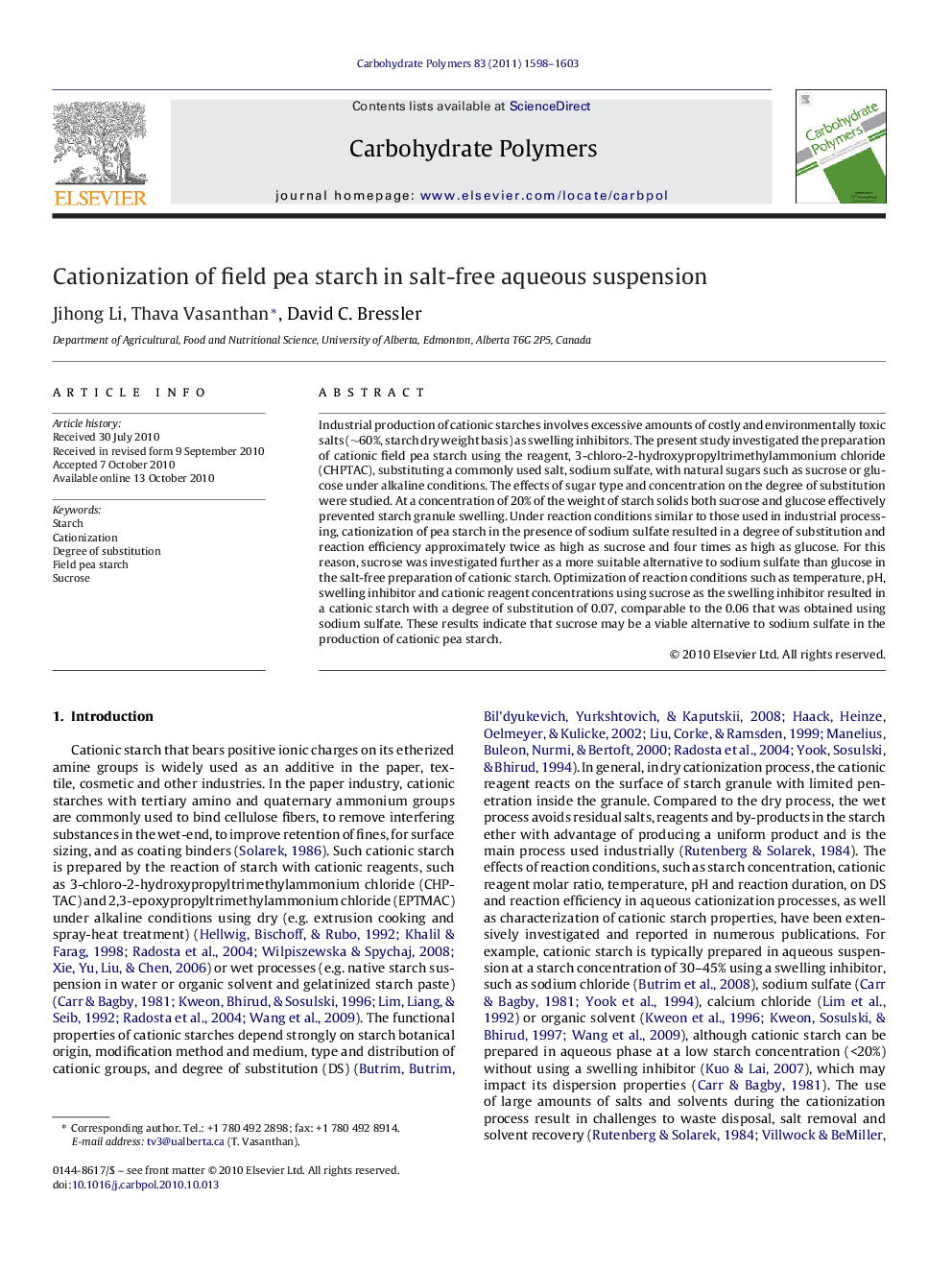 Cationization of field pea starch in salt-free aqueous suspension