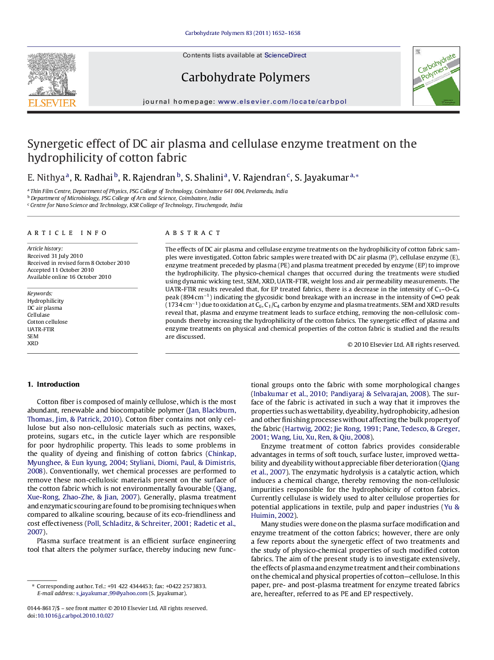 Synergetic effect of DC air plasma and cellulase enzyme treatment on the hydrophilicity of cotton fabric