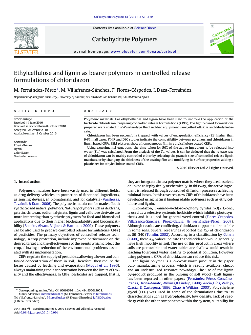 Ethylcellulose and lignin as bearer polymers in controlled release formulations of chloridazon