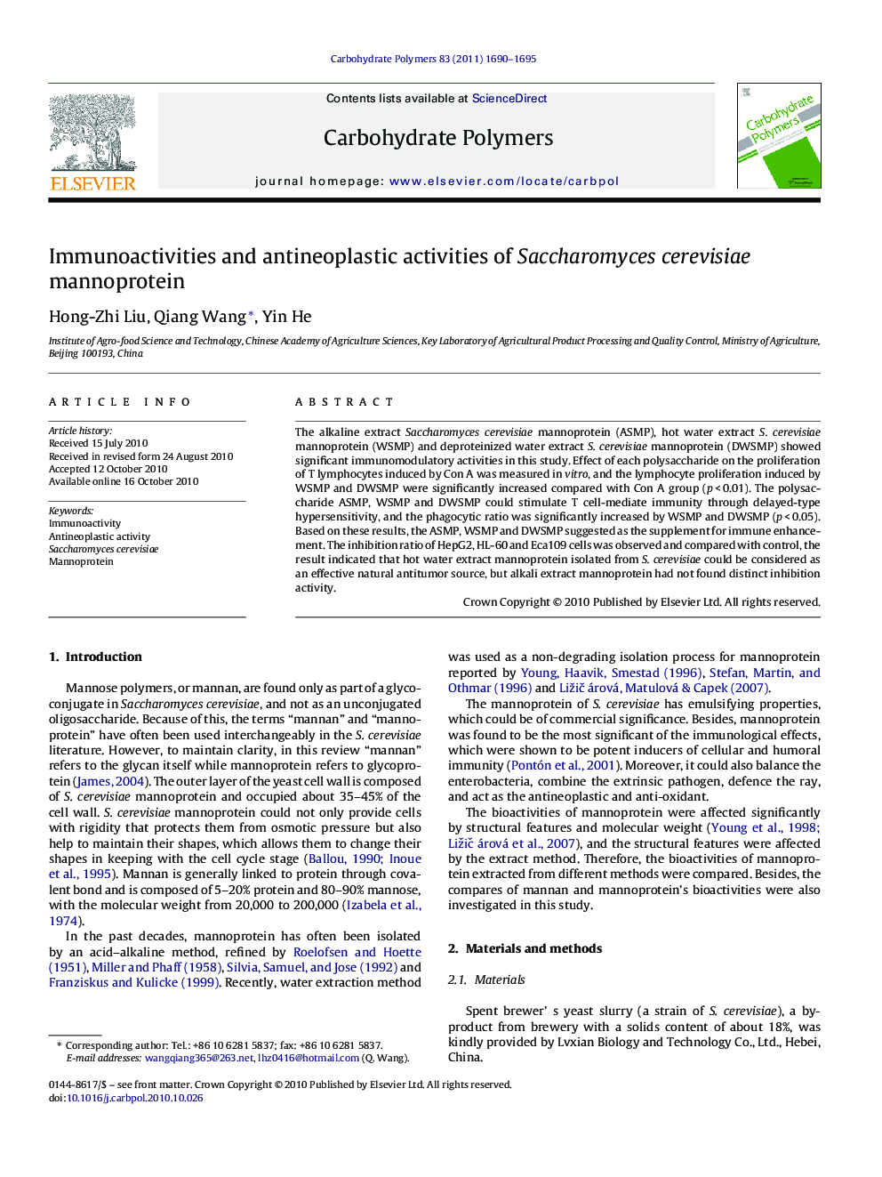 Immunoactivities and antineoplastic activities of Saccharomyces cerevisiae mannoprotein