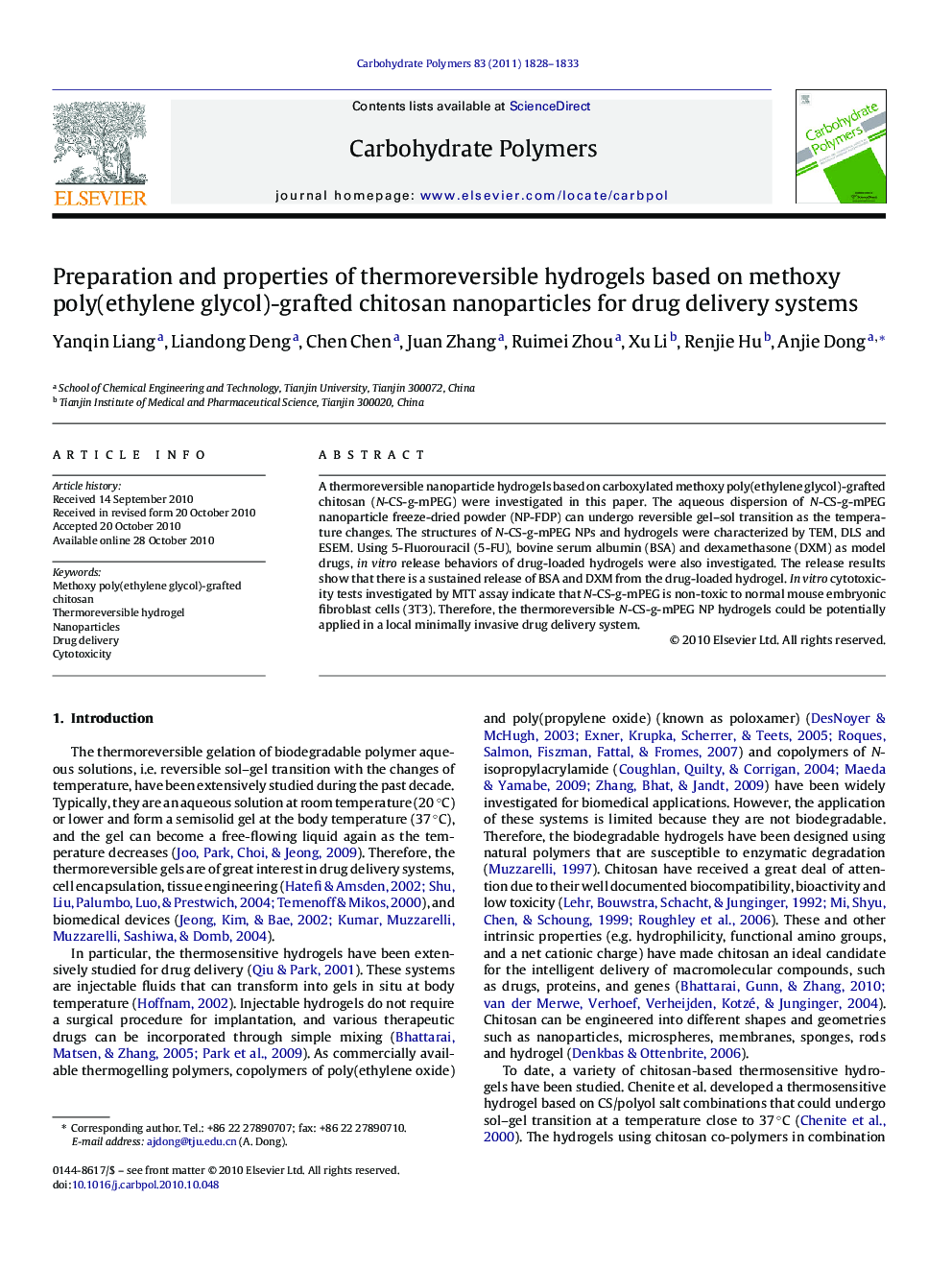 Preparation and properties of thermoreversible hydrogels based on methoxy poly(ethylene glycol)-grafted chitosan nanoparticles for drug delivery systems