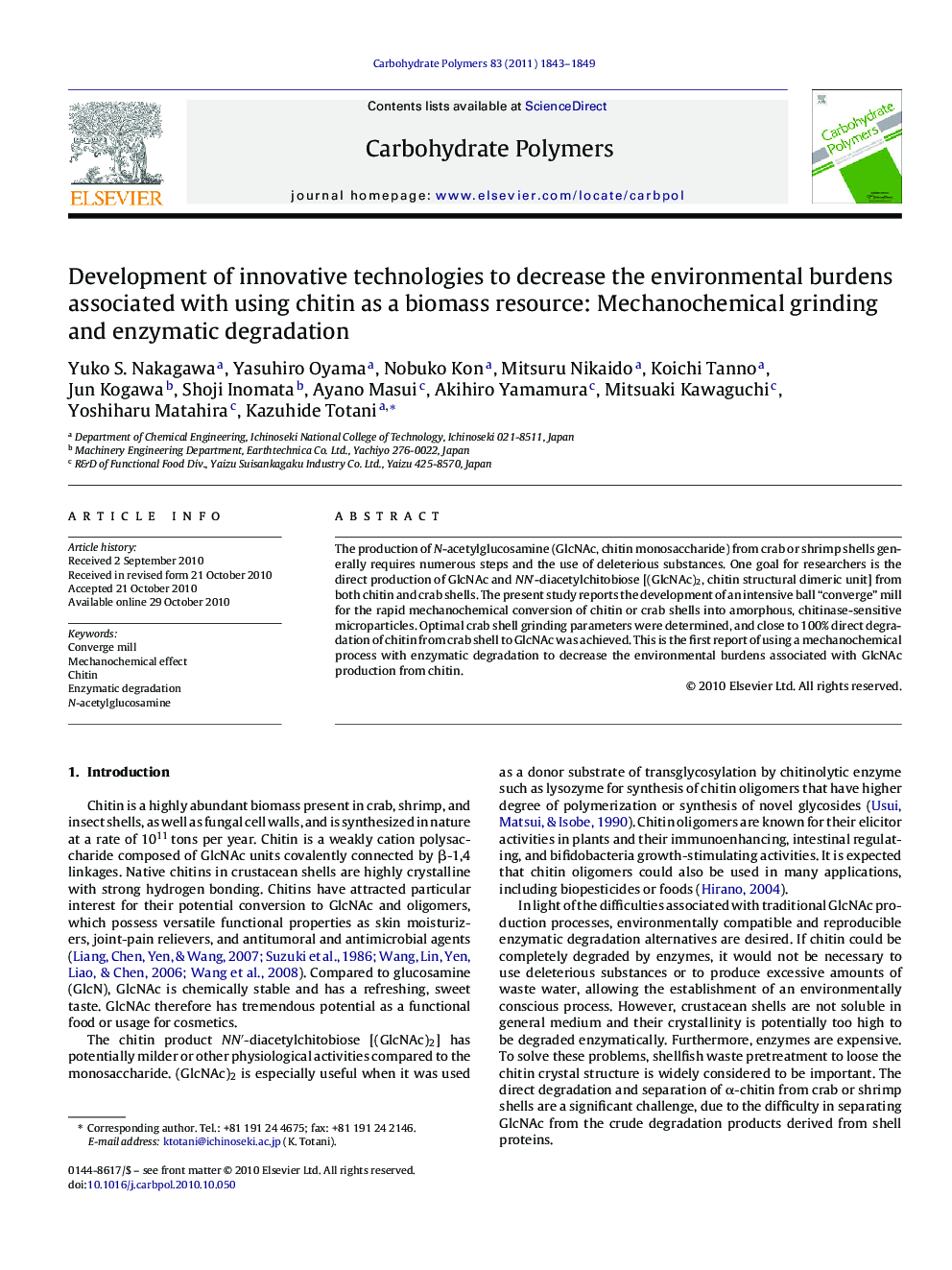Development of innovative technologies to decrease the environmental burdens associated with using chitin as a biomass resource: Mechanochemical grinding and enzymatic degradation