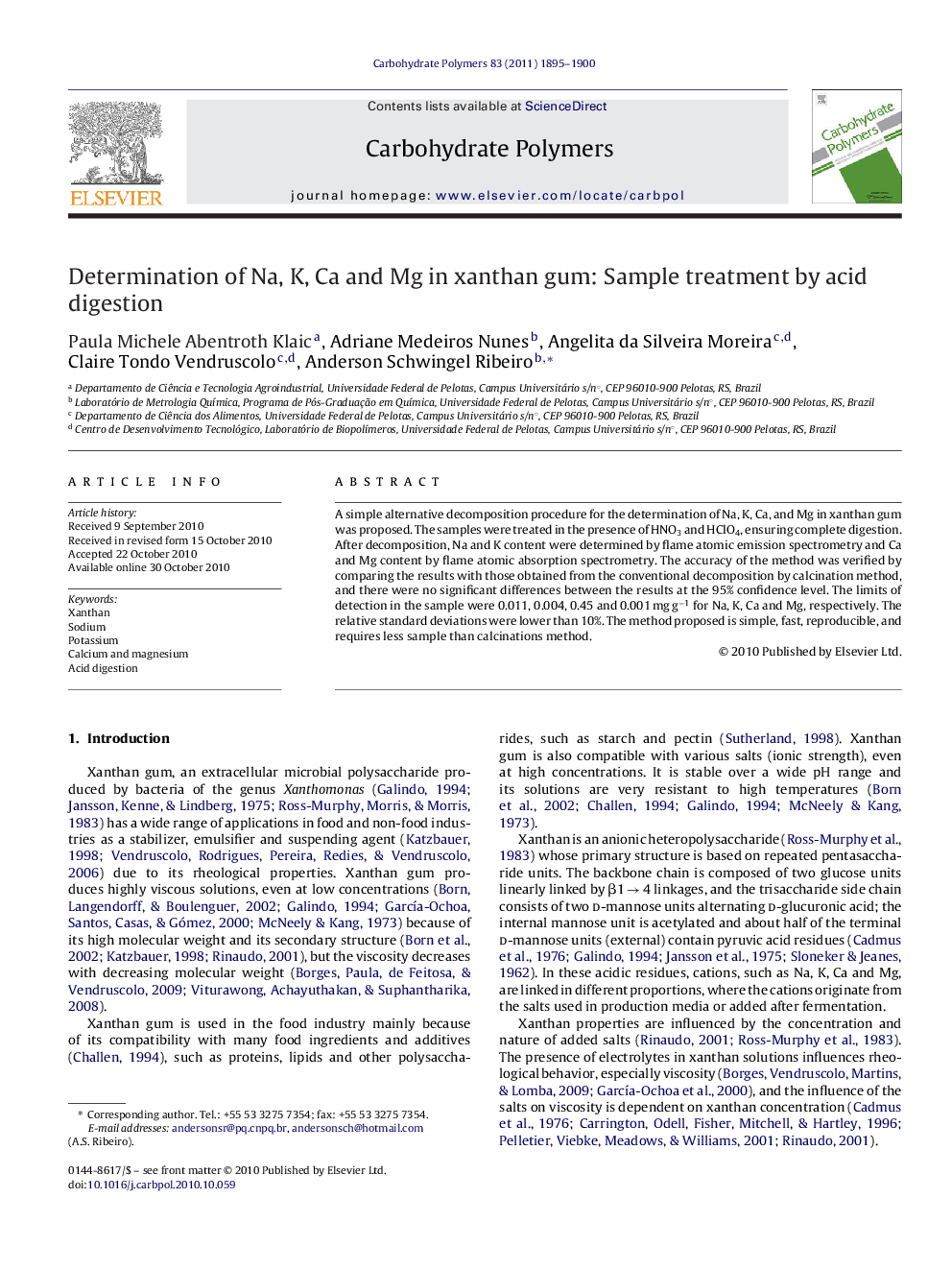 Determination of Na, K, Ca and Mg in xanthan gum: Sample treatment by acid digestion