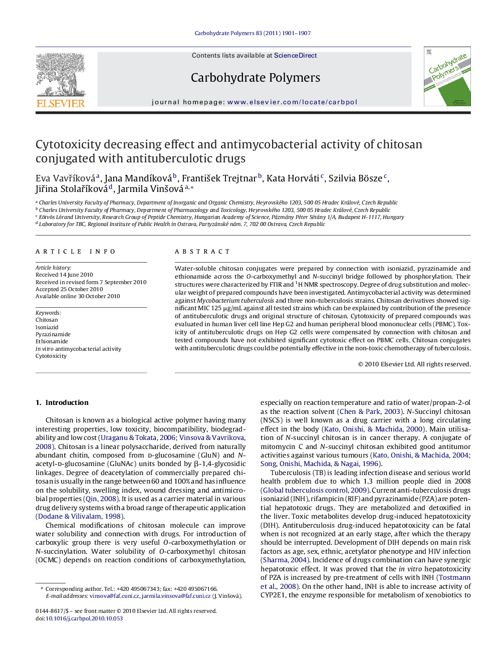 Cytotoxicity decreasing effect and antimycobacterial activity of chitosan conjugated with antituberculotic drugs