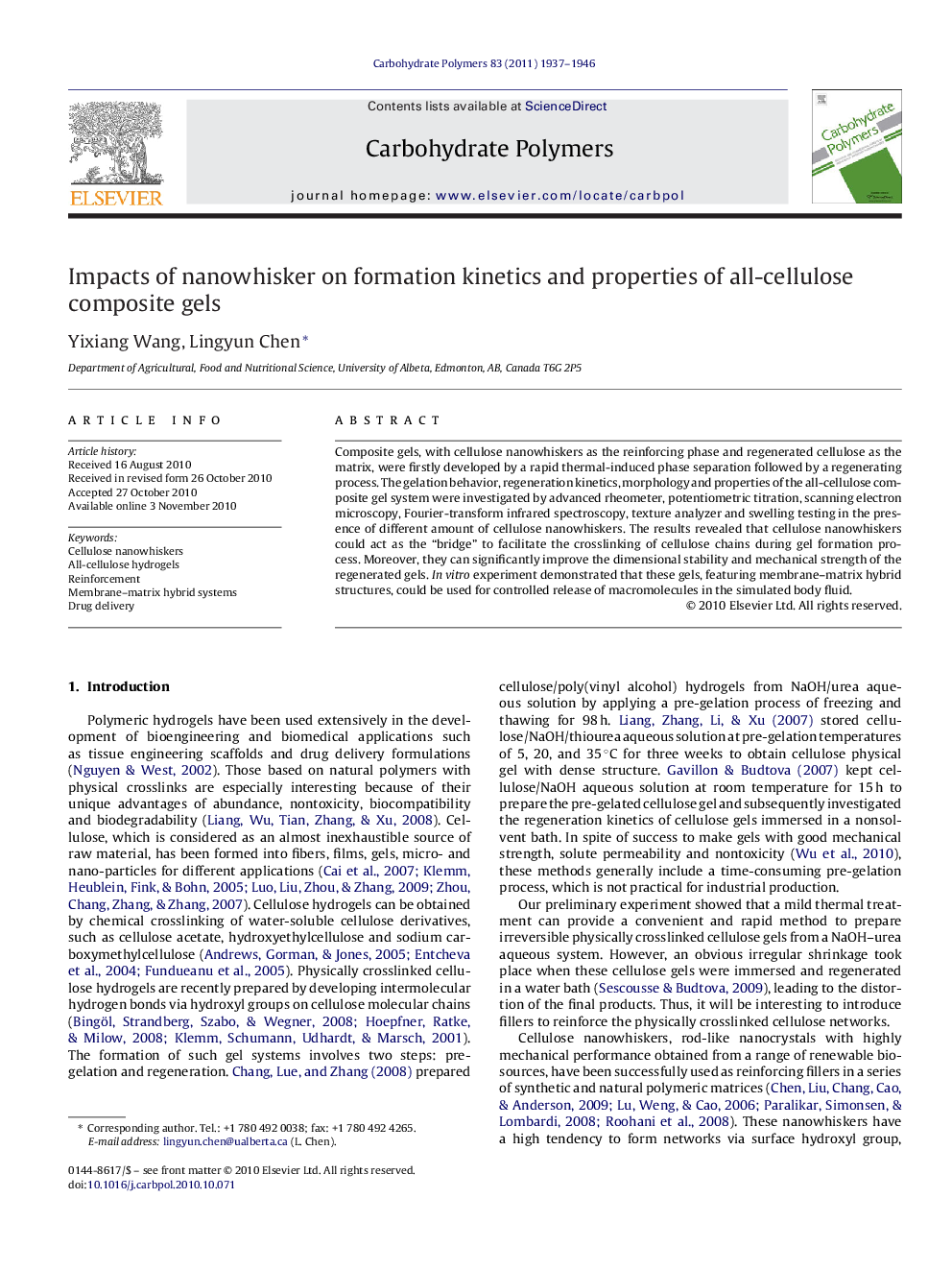 Impacts of nanowhisker on formation kinetics and properties of all-cellulose composite gels