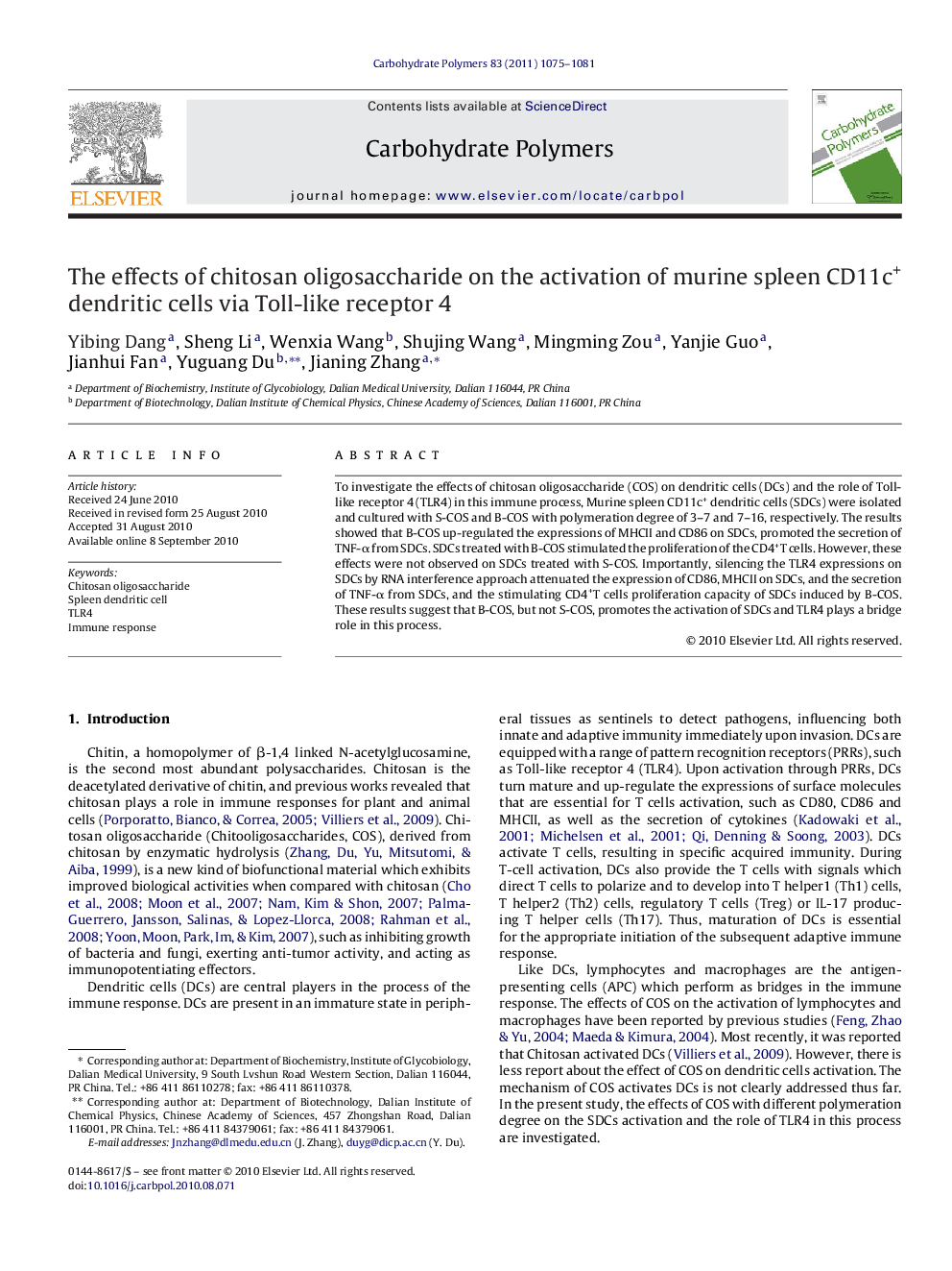 The effects of chitosan oligosaccharide on the activation of murine spleen CD11c+ dendritic cells via Toll-like receptor 4