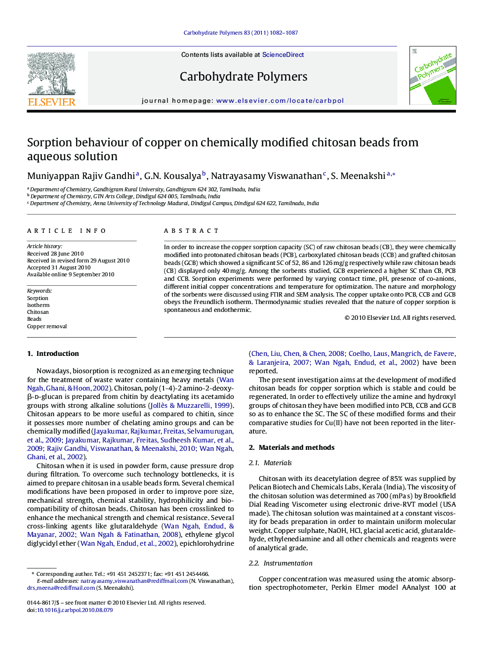 Sorption behaviour of copper on chemically modified chitosan beads from aqueous solution