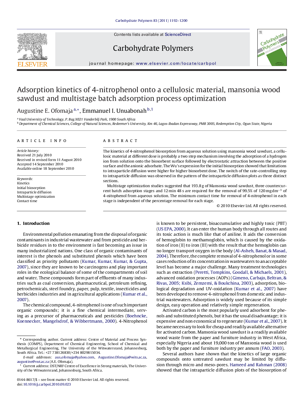 Adsorption kinetics of 4-nitrophenol onto a cellulosic material, mansonia wood sawdust and multistage batch adsorption process optimization