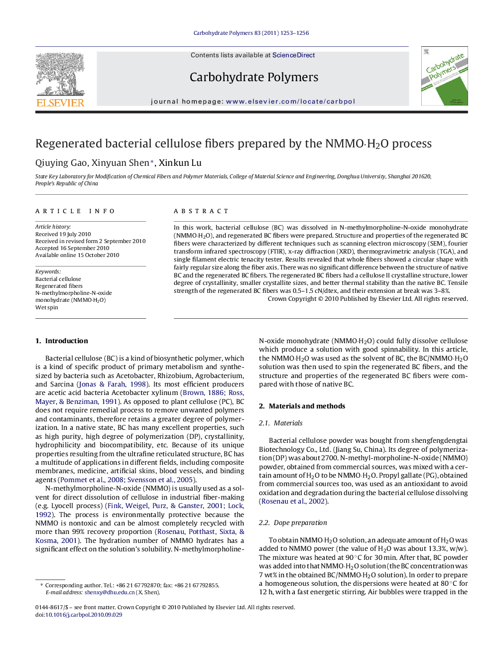 Regenerated bacterial cellulose fibers prepared by the NMMO·H2O process