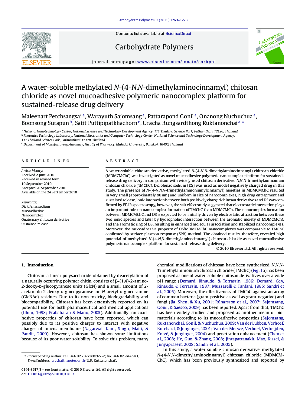 A water-soluble methylated N-(4-N,N-dimethylaminocinnamyl) chitosan chloride as novel mucoadhesive polymeric nanocomplex platform for sustained-release drug delivery