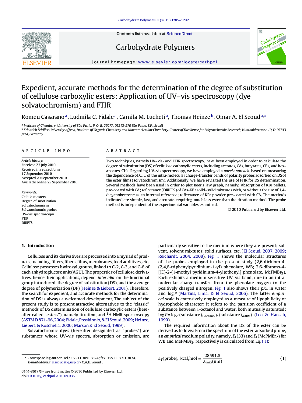 Expedient, accurate methods for the determination of the degree of substitution of cellulose carboxylic esters: Application of UV–vis spectroscopy (dye solvatochromism) and FTIR