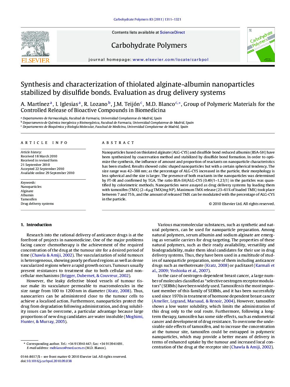 Synthesis and characterization of thiolated alginate-albumin nanoparticles stabilized by disulfide bonds. Evaluation as drug delivery systems