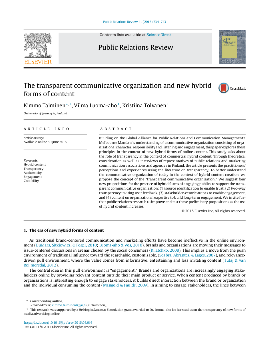 The transparent communicative organization and new hybrid forms of content