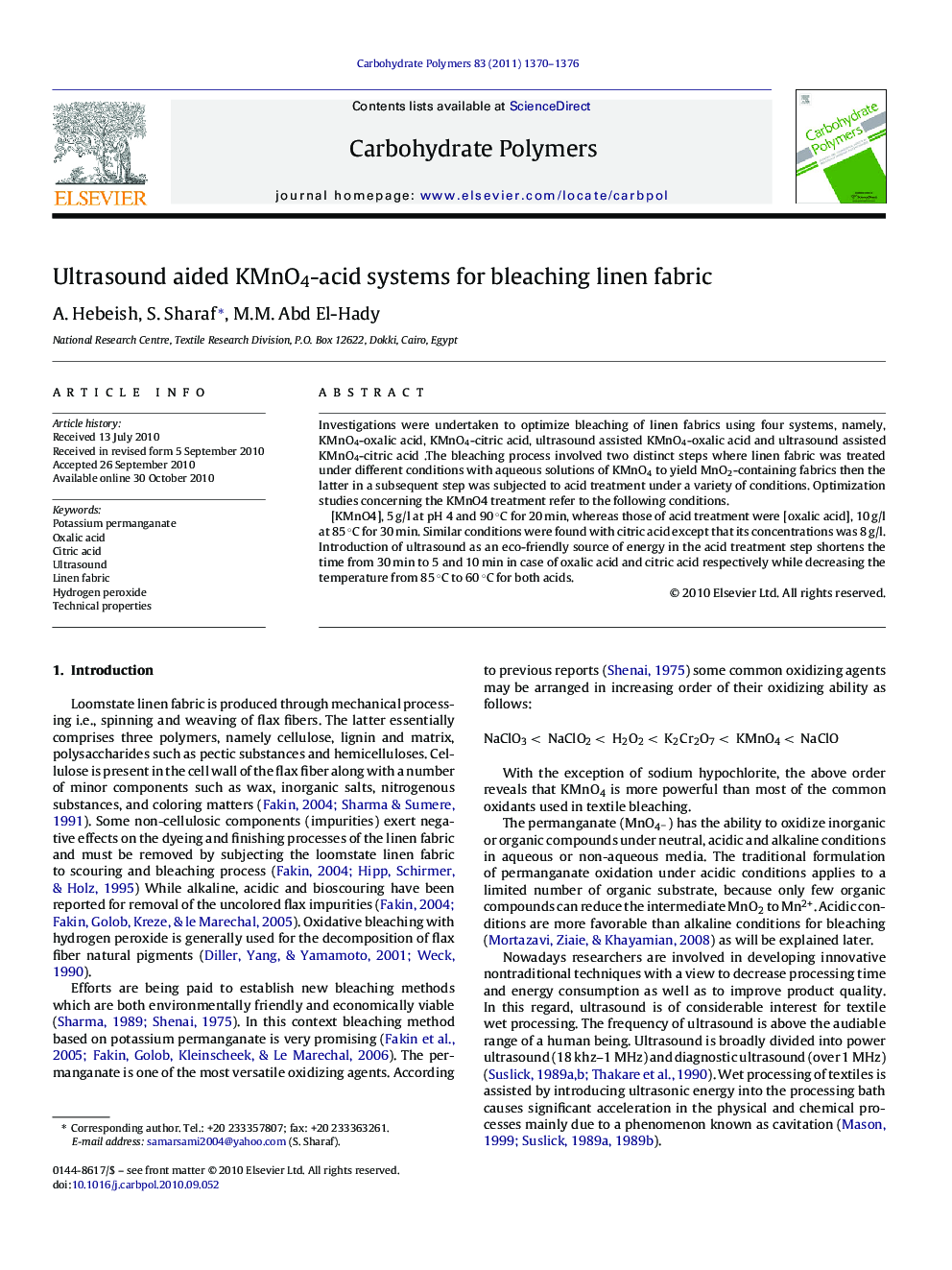 Ultrasound aided KMnO4-acid systems for bleaching linen fabric