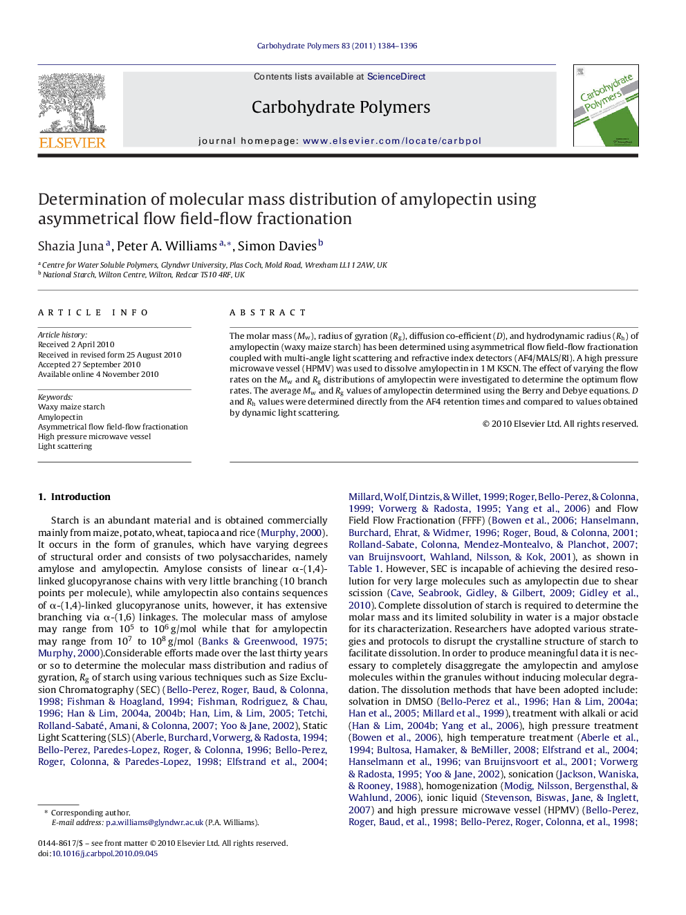 Determination of molecular mass distribution of amylopectin using asymmetrical flow field-flow fractionation