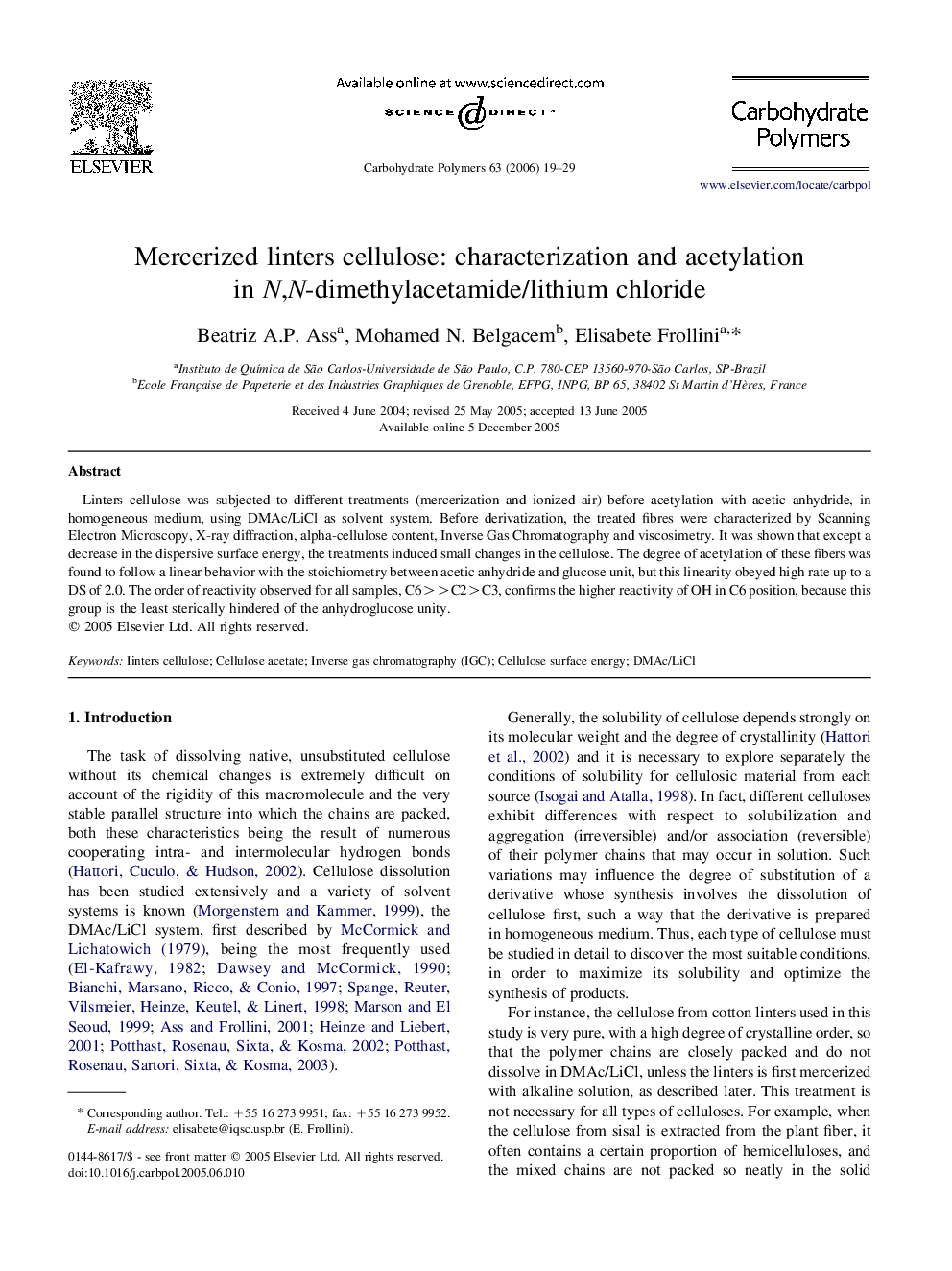 Mercerized linters cellulose: characterization and acetylation in N,N-dimethylacetamide/lithium chloride