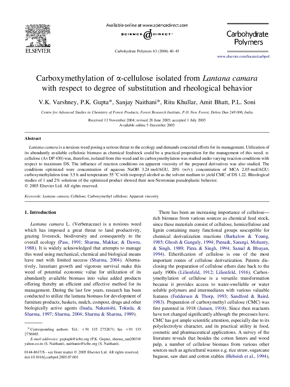 Carboxymethylation of α-cellulose isolated from Lantana camara with respect to degree of substitution and rheological behavior