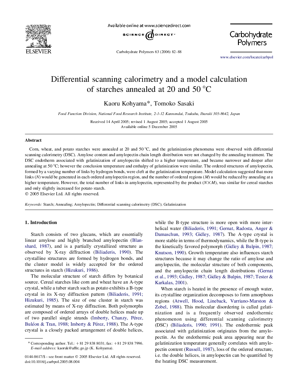 Differential scanning calorimetry and a model calculation of starches annealed at 20 and 50 °C