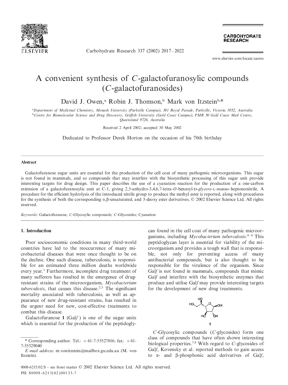 سنتز مناسب از ترکیبات C-galactofuranosylic (C-galactofuranosides)