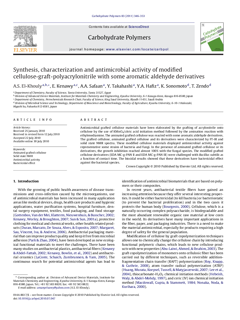 Synthesis, characterization and antimicrobial activity of modified cellulose-graft-polyacrylonitrile with some aromatic aldehyde derivatives