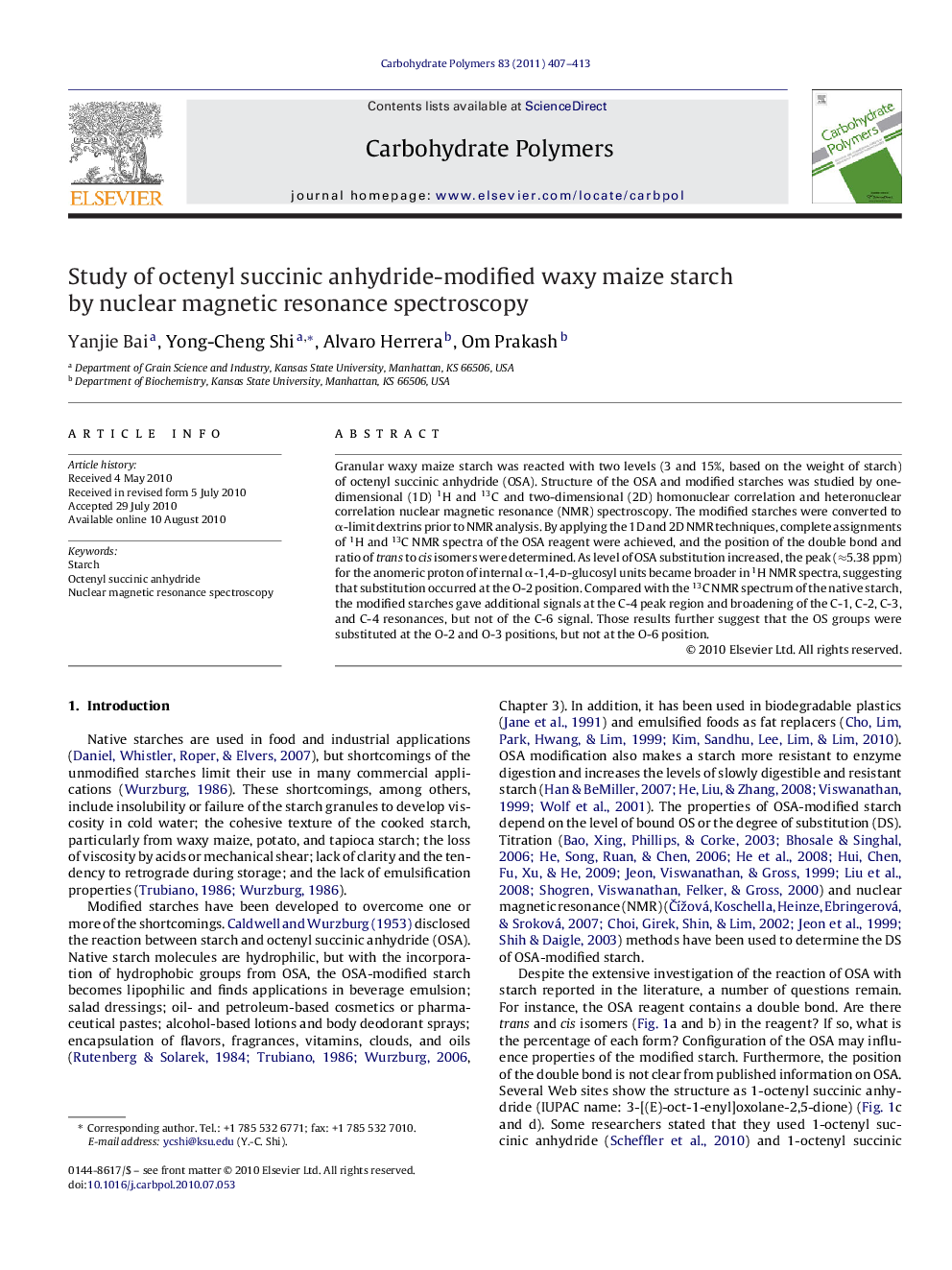 Study of octenyl succinic anhydride-modified waxy maize starch by nuclear magnetic resonance spectroscopy