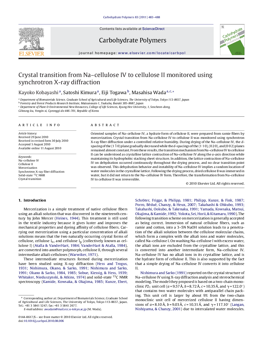 Crystal transition from Na–cellulose IV to cellulose II monitored using synchrotron X-ray diffraction