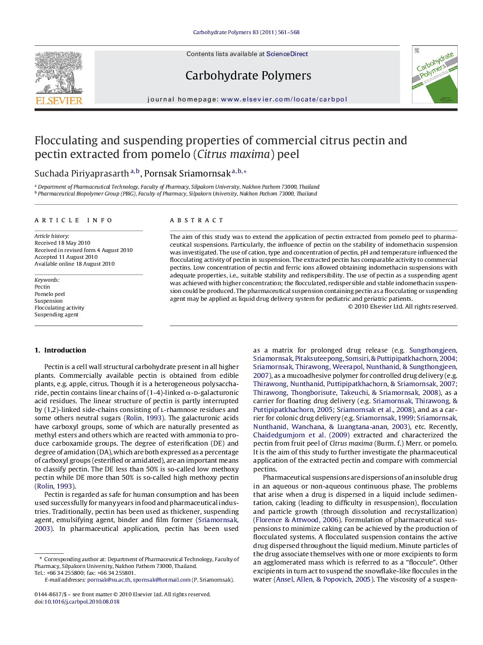 Flocculating and suspending properties of commercial citrus pectin and pectin extracted from pomelo (Citrus maxima) peel