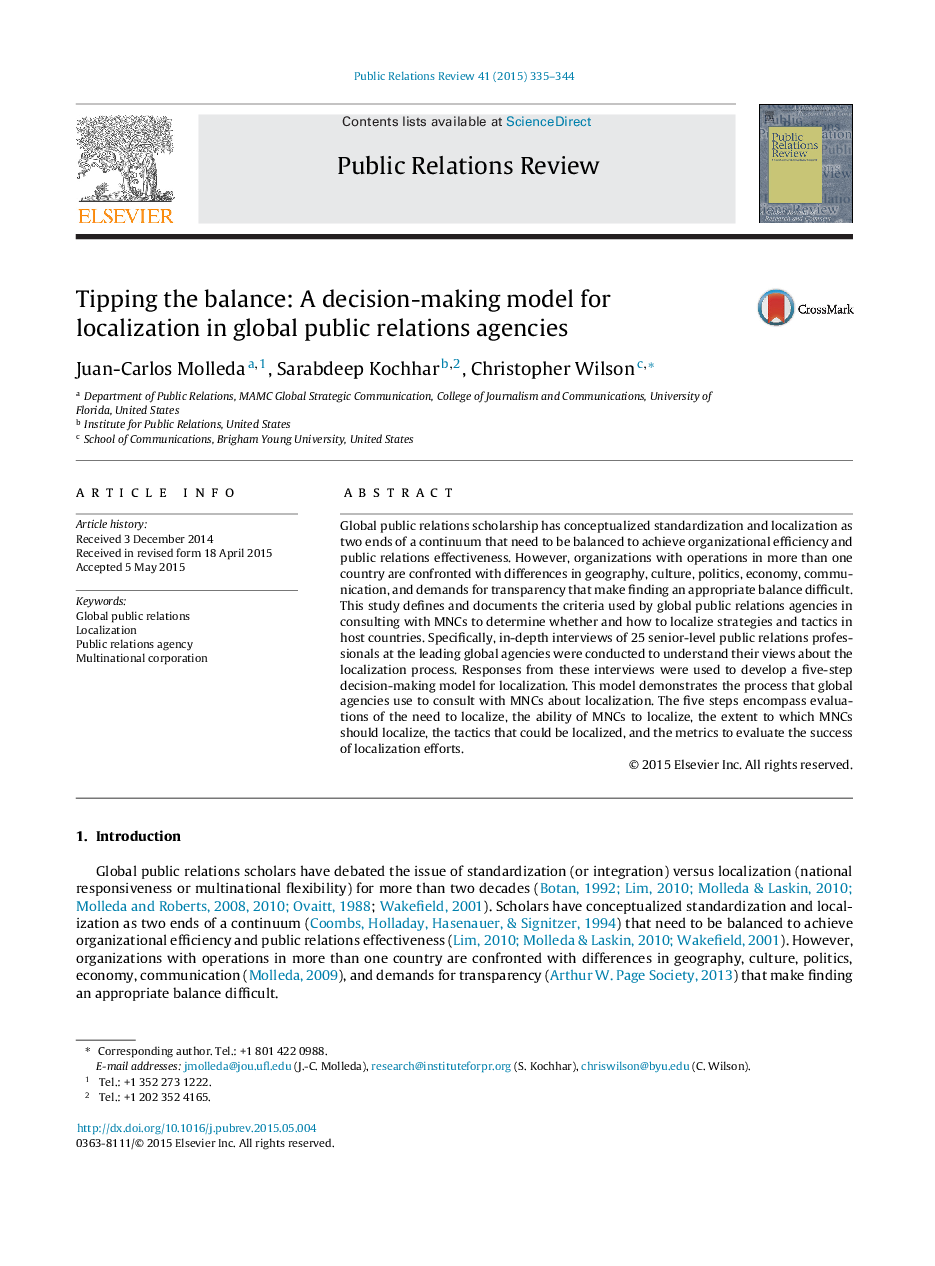 Tipping the balance: A decision-making model for localization in global public relations agencies