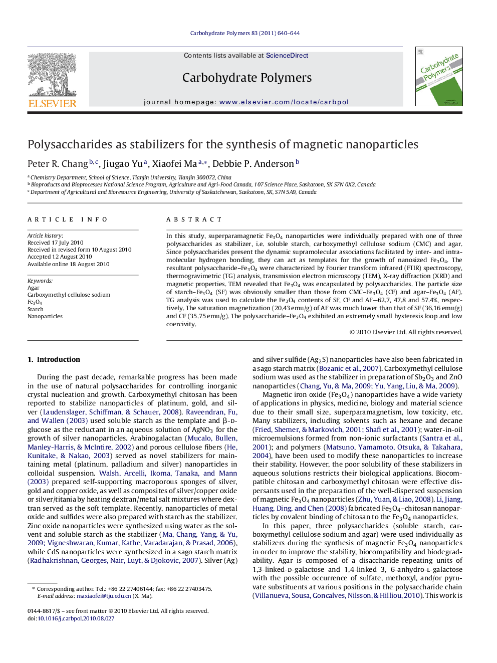 Polysaccharides as stabilizers for the synthesis of magnetic nanoparticles